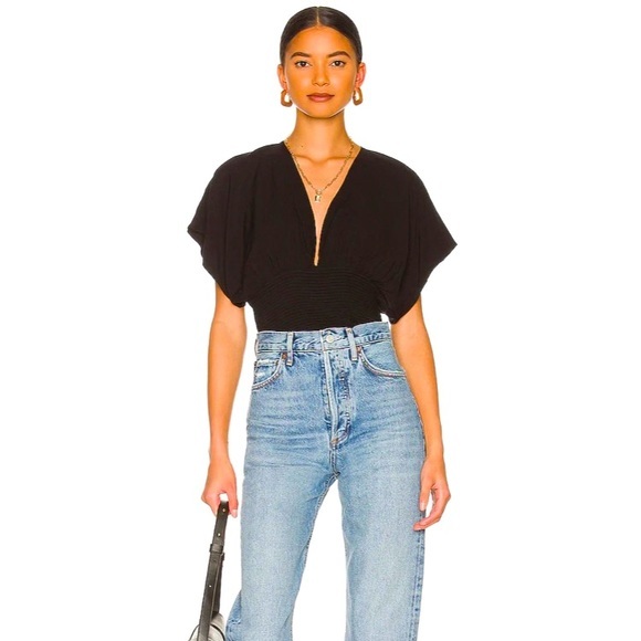 Free People Tops - Free People Ava Top Smocked Blouse Crop Open Back Deep V Neck Blouse Black New